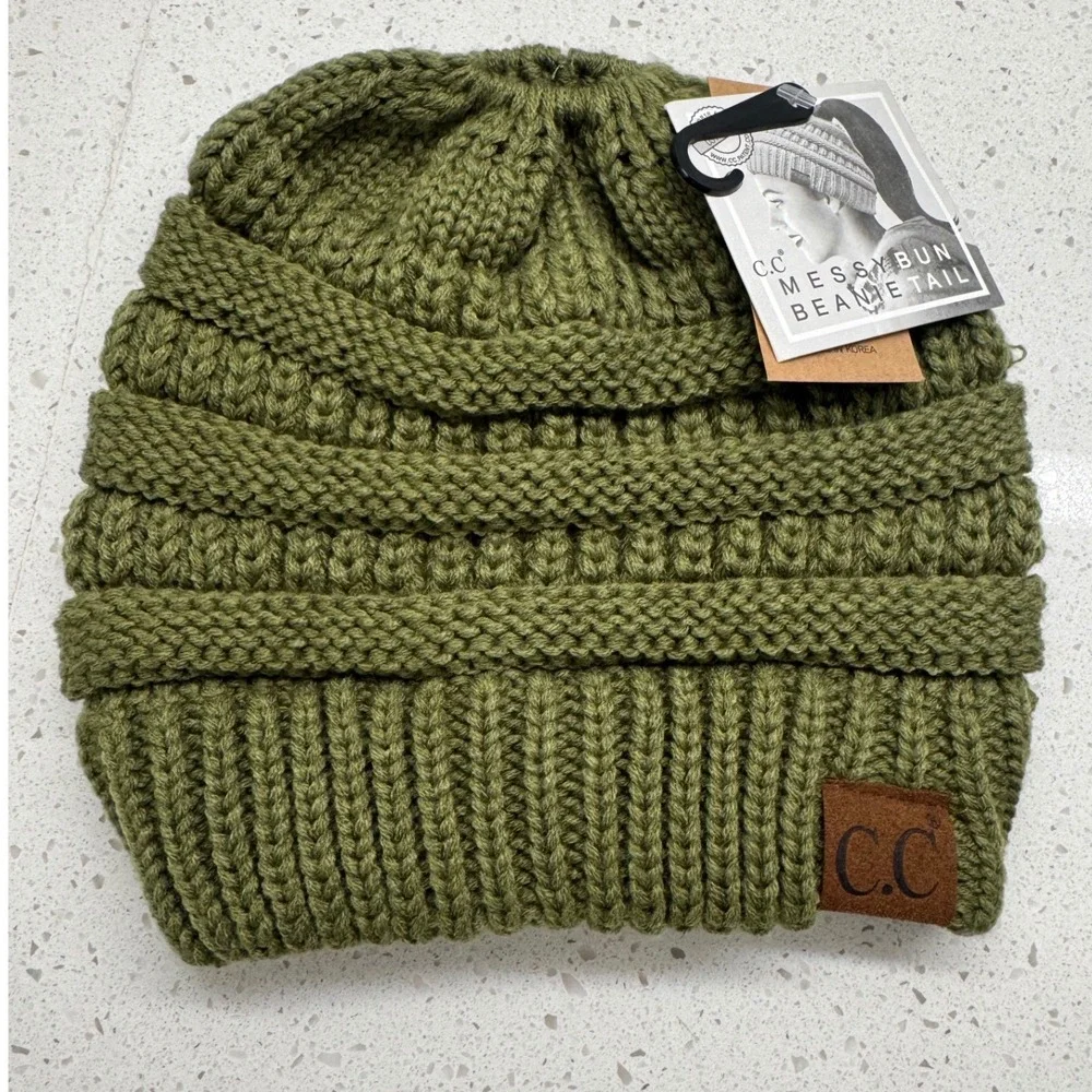 C.C Messy Bun Beanie Tail Women OS Olive Green New Ponytail Cable Knit Hat